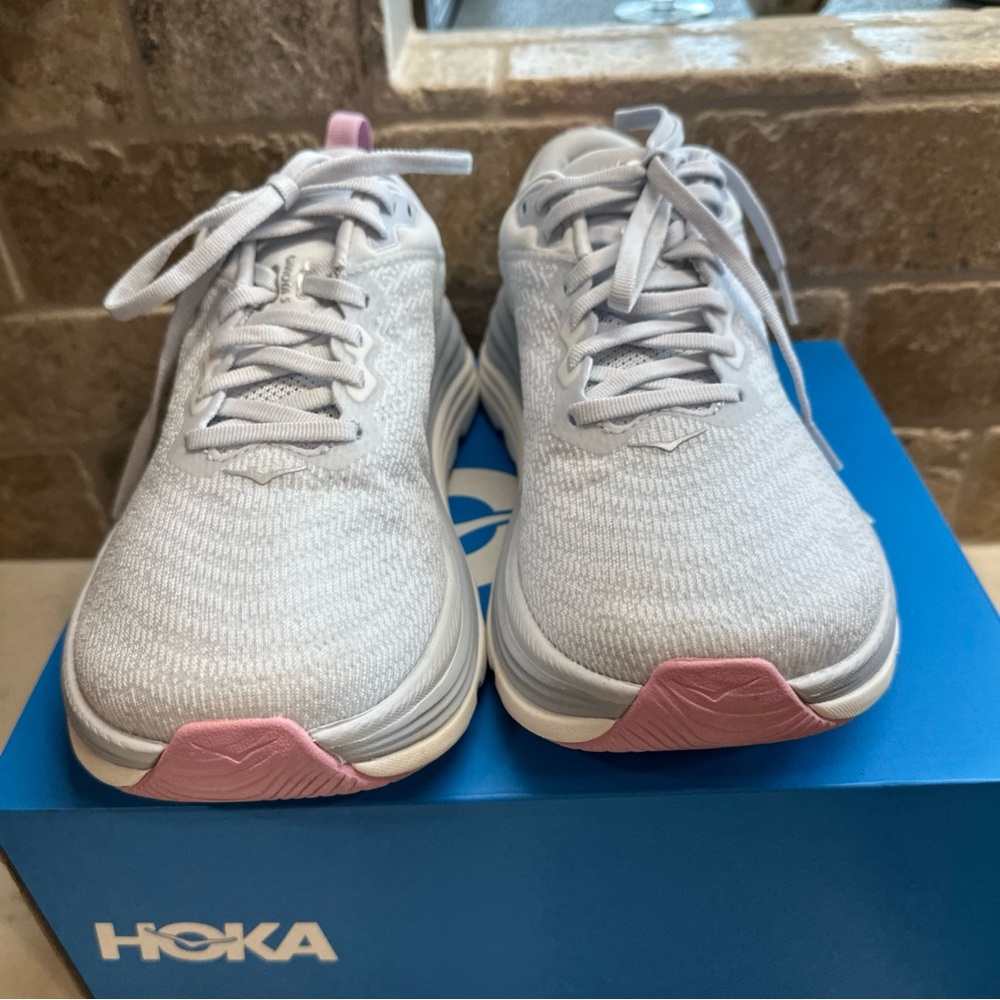Hoka White Athletic Shoes with Pink Heel Loop - Picture 5 of 16